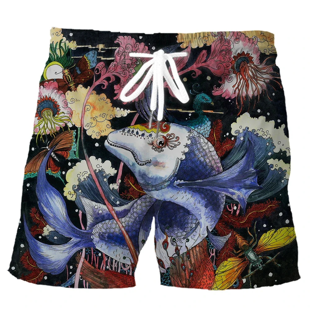 Мужские пляжные шорты HX Ukiyo-e Wave Koi Phoenix Lotus Art из полиэстера