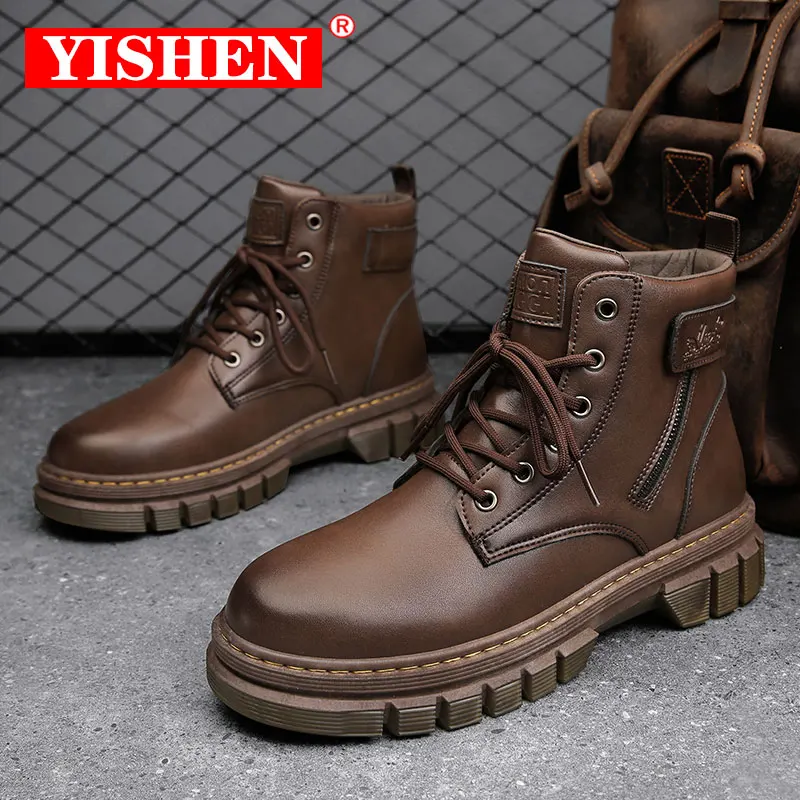 

YISHEN Men Boots Leisure Handmade Retro Winter Leather Shoes For Men Outdoor Fashion Platform Ankle Boots Botas De Hombre Brown