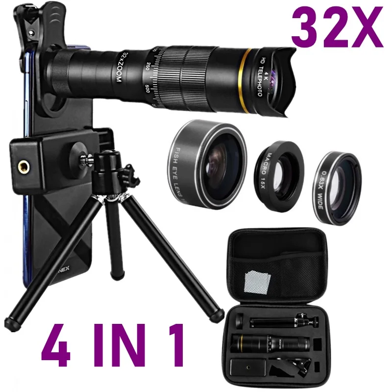 

32X Telescope Lens 4K HD Universal Telephoto Phone Camera for Smartphone 4in1 Wide Angle Fisheye Macro Lens Kit Include Tripod