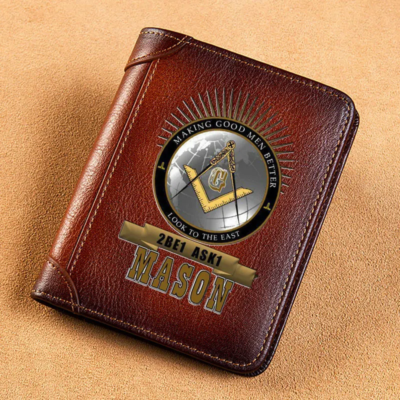 High Quality Genuine Leather Wallet Freemason 2Be1 Ask1 Mason Look To The East Printing Standard Short Purse BK1291 1