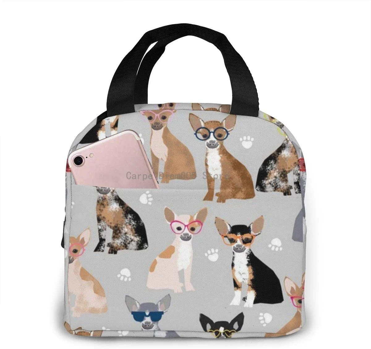 Unisex Food Warmer Bag Chihuahua Dog Lunch Bag Reusable Lunch Box Lunch Cooler Tote