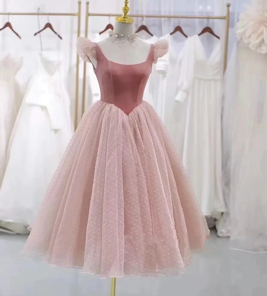 

Elegant Pink Short Prom Birthday Dresses Scoop Cap Sleeves Tea Length Dot Tulle Party Evening Gown Homecoming Robe De Soiree
