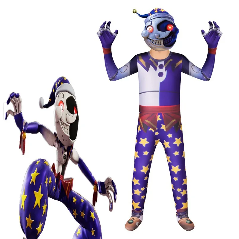 2023 Kids Sundrop FNAF Sun clown Freddie Cosplay Halloween Costume Boys Anime Cos Girl Bodysuit+Mask Gloves Funny Party Jumpsuit images - 6