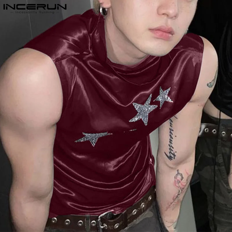 

2023 Men Tank Tops Satin Patchwork Turtleneck Sleeveless Casual Male Vests Summer Streetwear Fashion Men Clothing S-5XL INCERUN