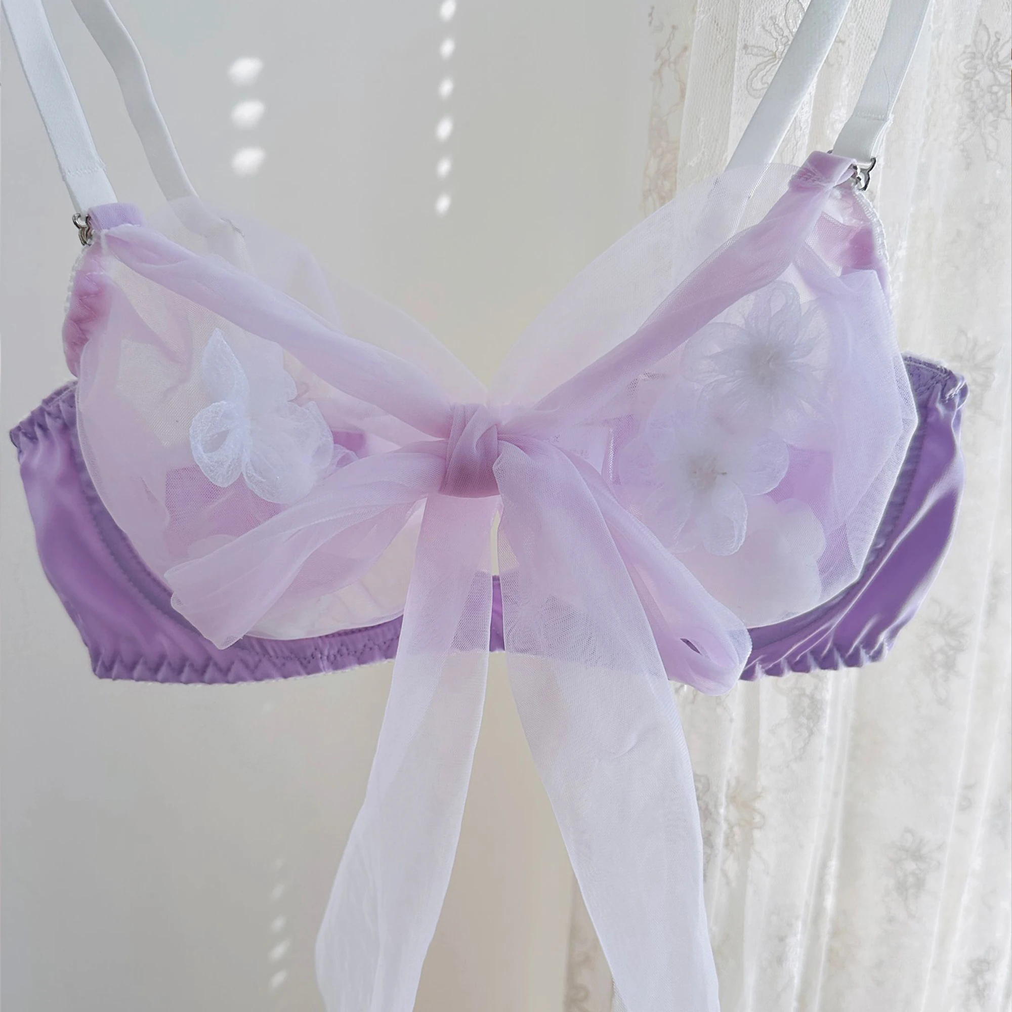 Sweet and cute girl tulle bra set three-dimensional flower bow big breasts small thin underwear ladies large size bralette