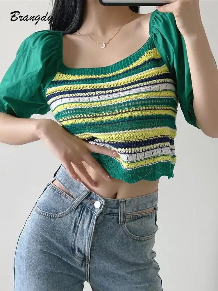

Traf Blouses For Women Fashion 2022 Green Striped Short Puff Sleeve Knitting Blouse Tops Summer Women Cropped Tops Spliced Tees