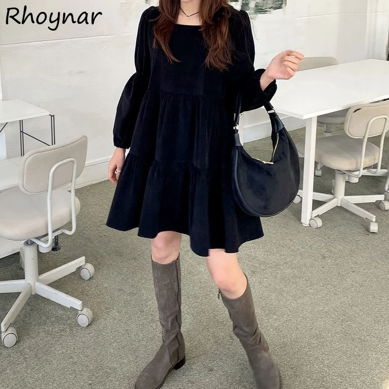 

Dresses Women Loose Cozy Retro Korean Street Style Solid Lantern Sleeve All-match Holiday Vestidos Ladies Baggy Youth College