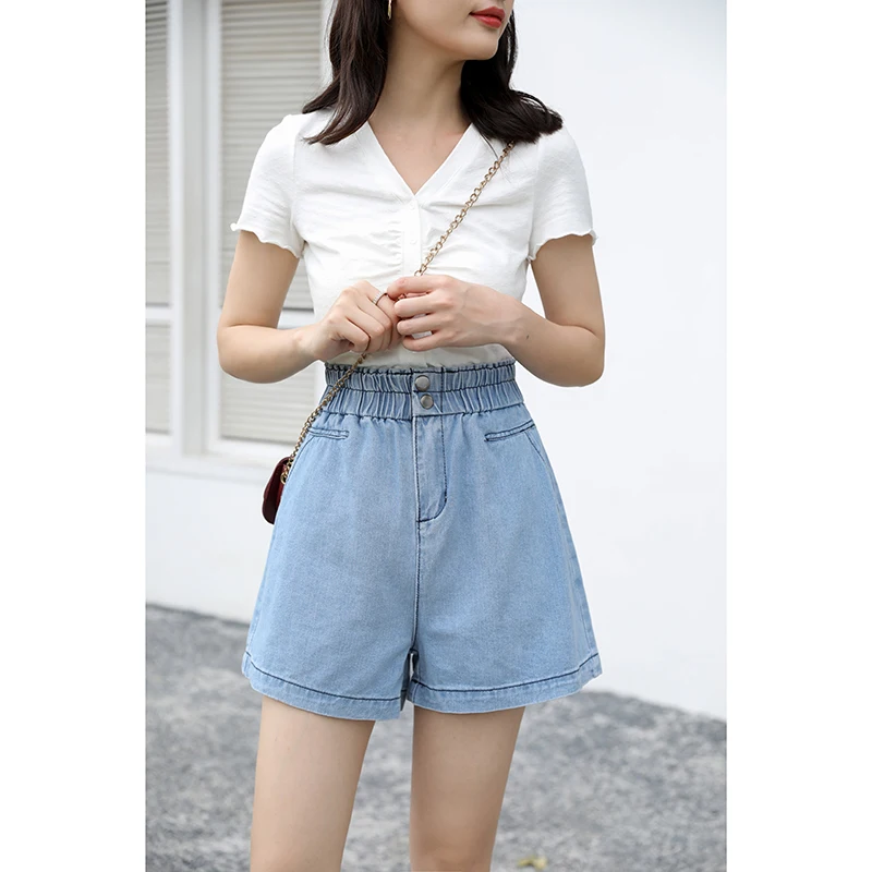 New Summer High Waist Denim White Shorts Women'S Fashion Korean Version Loose A-Word Light Color Wide Leg Elastic Bud Lady