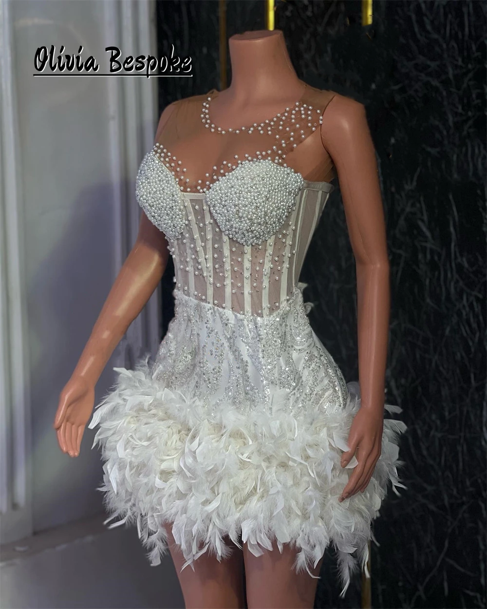 Newfangled белые перья Aso Ebi короткие платья для выпускного вечера с жемчугом и