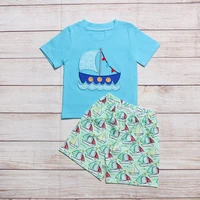 new design summer clothes for baby boy blue sailboat short sleeve cute light green printing kids 2pcs outfits for 1 8t