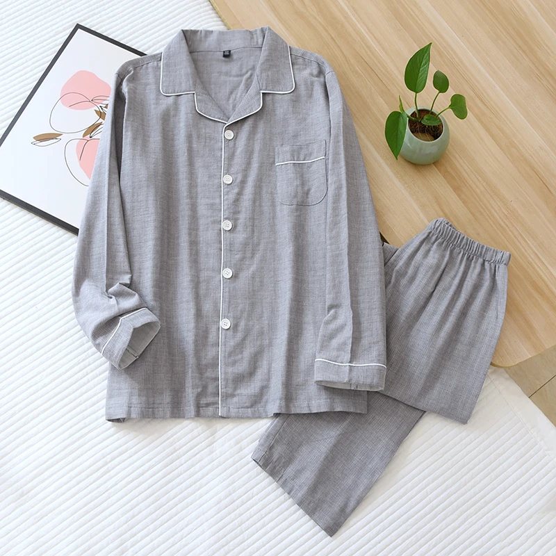 New Spring And Autumn Couple Pajamas Long-Sleeved Trousers Sleepwear 100% Cotton Gauze Two-Piece Home Service For Men And Women