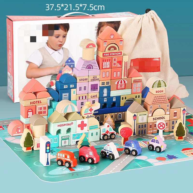 [Funny] 115pcs/set Wooden large particle building block toy Magic color city View Blocks educational Toys baby birhday gift