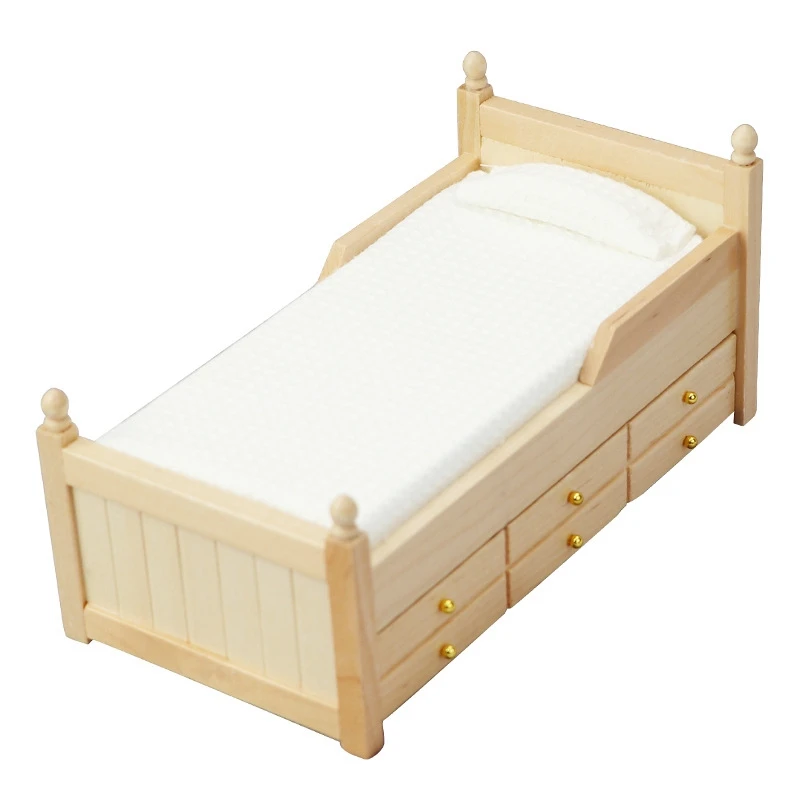 

1/12 Dollhouse Miniature Doll Furniture Wooden Wood Color Trundle Wooden Bed Doll Bed With Bedding And Decorative Pillow