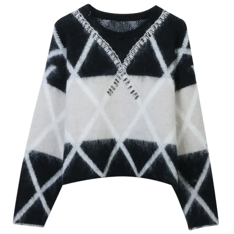 

Black White Plaid Fashion Women Sweater Pullovers Winter Full Sleeves Oversize Lady Jumpers Tops Clothes