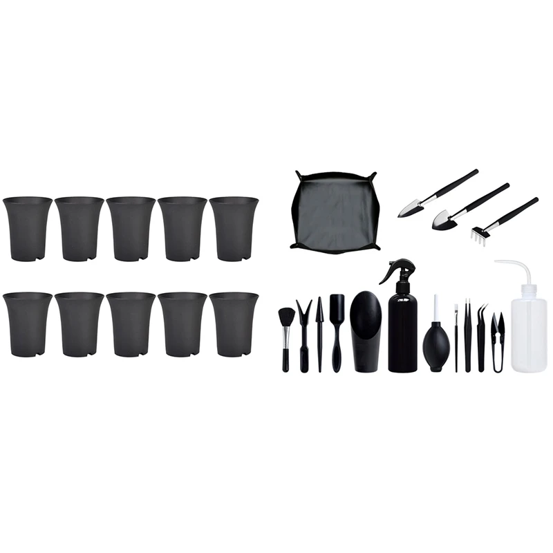 

16 Pcs Succulent Plants Tools Mini Garden Hand Tools Set With 10Pcsblack Round Flower Pots High Waist Deep Pots