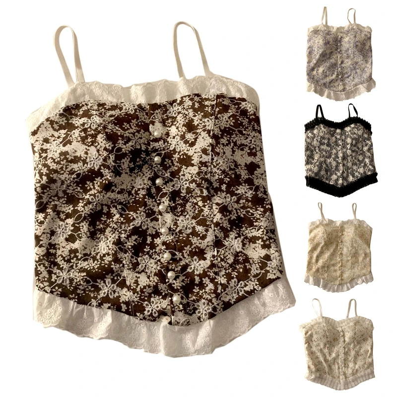 

Женский винтажный Топ без рукавов, Кружевной укороченный топ на бретелях-спагетти с цветочным принтом и грушевыми пуговицами, корсет с обор...