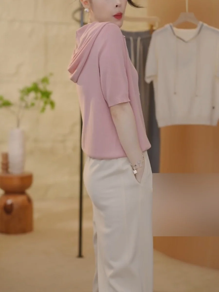 Knitted Short sleeve T-shirt Women 2024 Summer New Hoodie Raglan Plus size Chubby Girl Soft Glutinous Hood Pullover Top