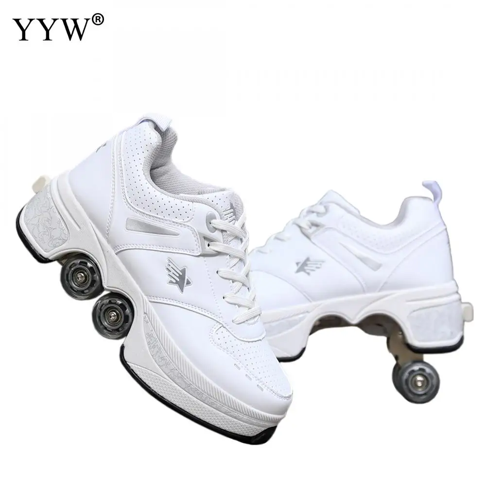 Pu Leather Kids 4 Wheels Roller Skate Shoes Casual Deformation Parkour Sneakers Skates For Rounds Adult Of Running Sport Shoes