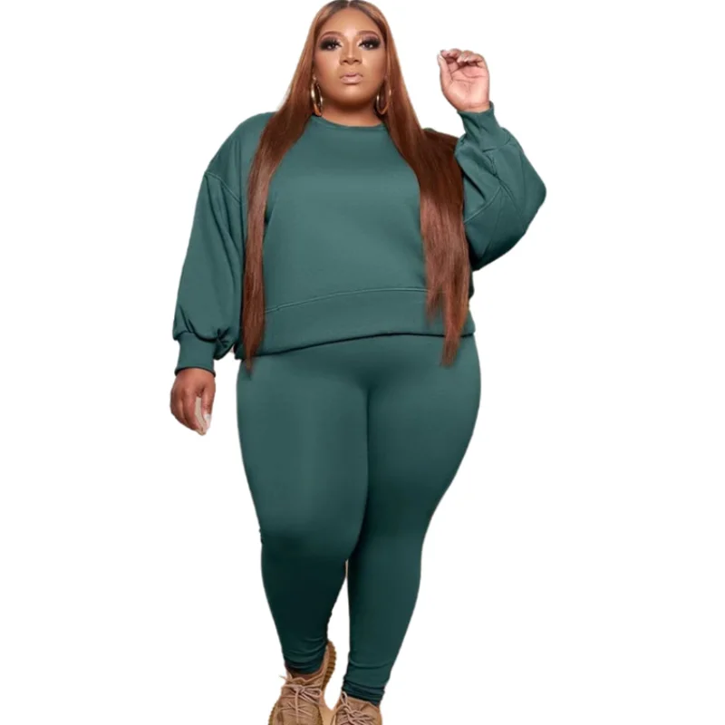 Plus Size Matching Sets Solid Long Sleeve O-Neck  Two Piece Sets Womens Outifits  Set of Women's Clothing 2 Pieces Office Lady