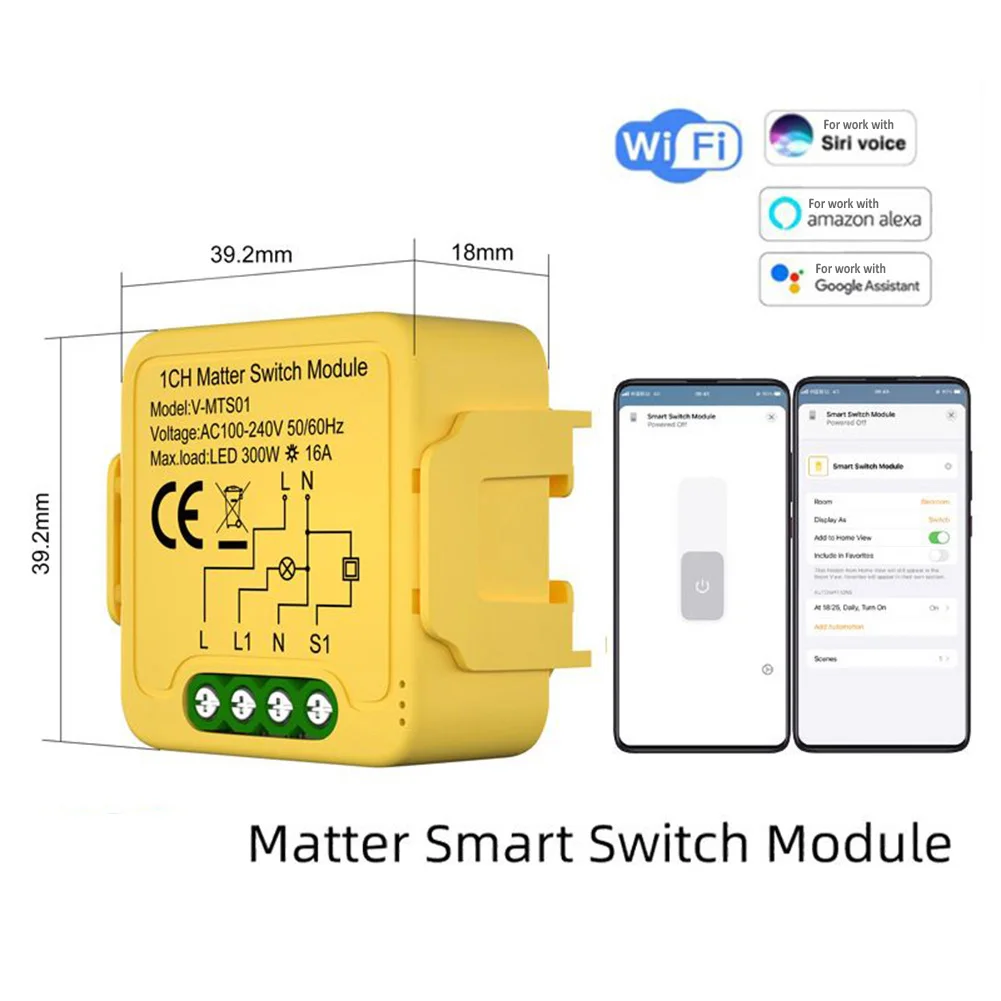 

Tuya Matter WiFi Smart Switch 16A Smart Home Relay Module Supports Smart Life Family Control Circuit Breaker Home Supplies