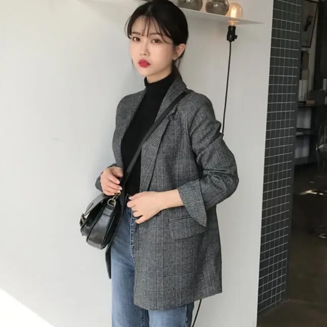 Retro British Suit Jacket Women Autumn Winter Coat Blazers Korean Style Striped Plaid Woman Vintage Clothes Black Coats Office