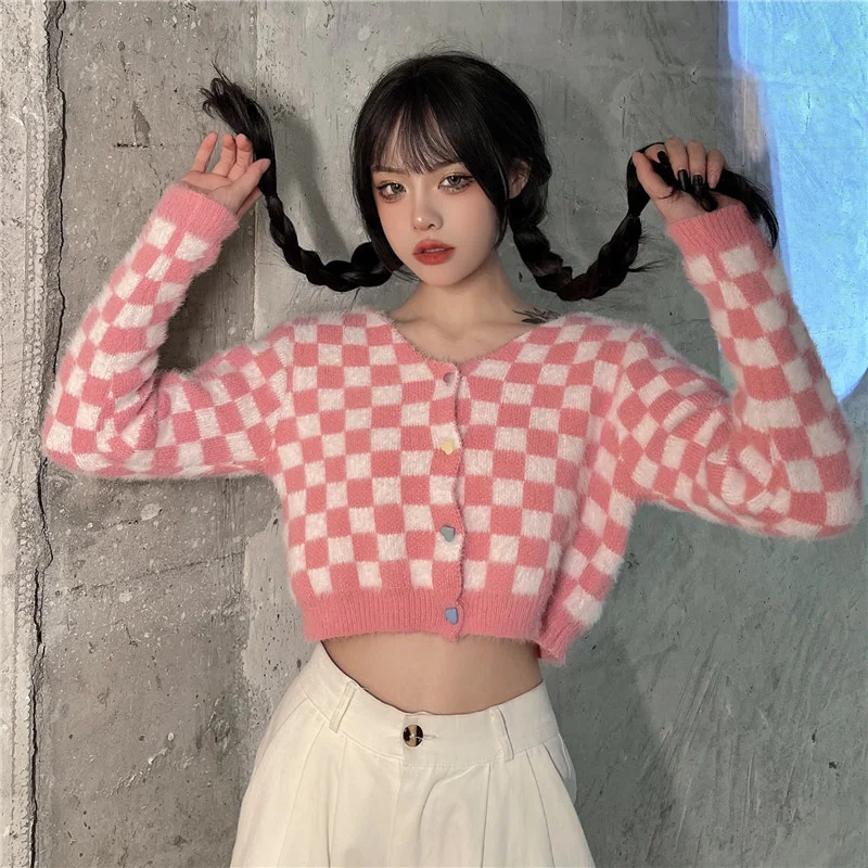 

Pink Cute Cardigans Short Knitwear Tide Women Plaid Sweater New V-Neck Spring Korean Retro Casual Pink Tops