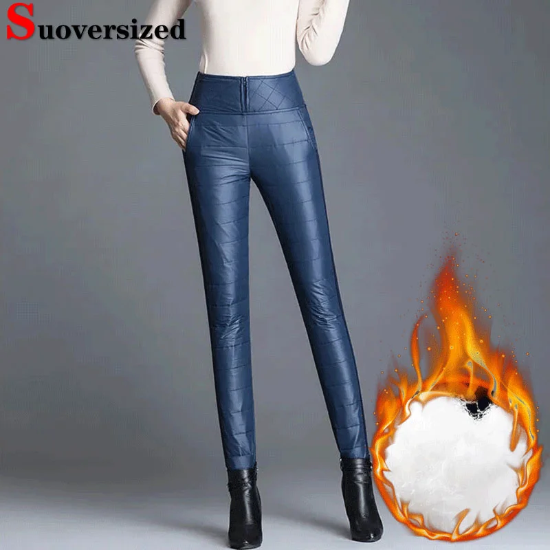 

Брюки-Карандаш большого размера 7xl с высокой талией, зимние женские повседневные облегающие брюки в стиле пэчворк, плотные теплые хлопковые брюки на утином пуху