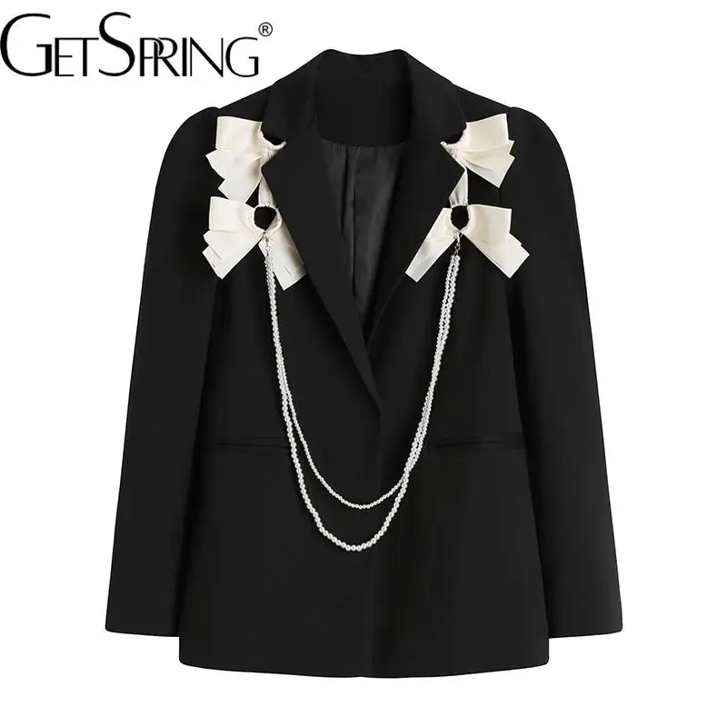 

GetSpring Women Blazer Flower Decorative Pearl Chain Fashion Ladies Black Suit Coat Loose Leisure Long Women's Suit Jacket 2022