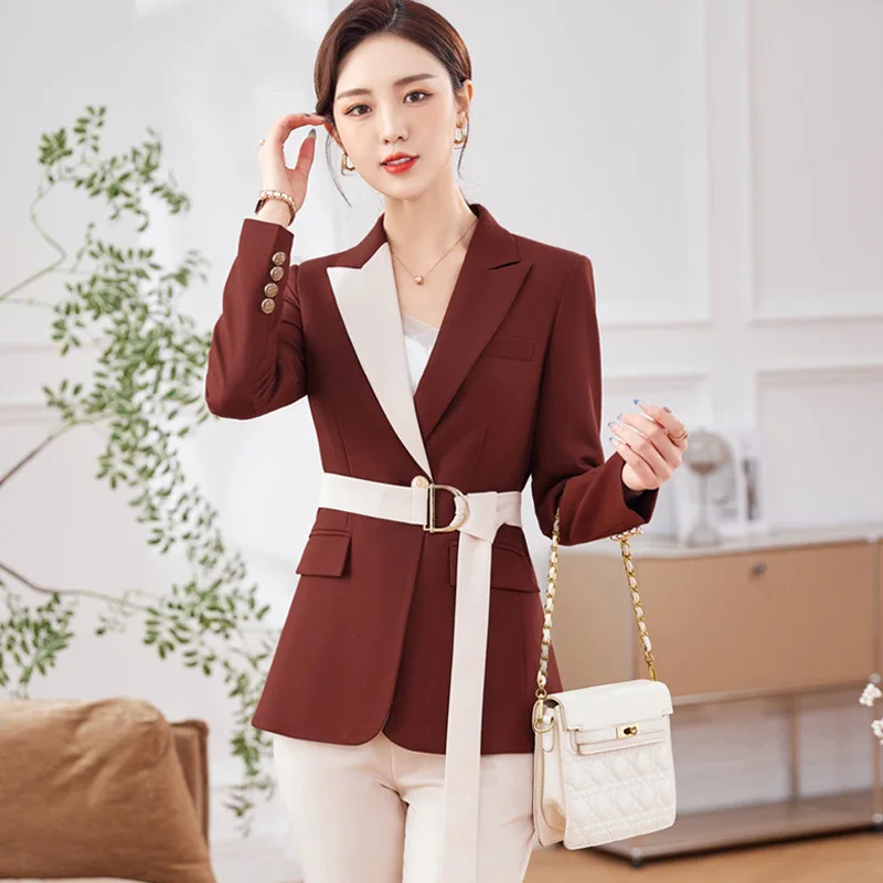 IZICFLY New Style 2023 Spring Summer Blue Business Suits Slim Office Blazer And Pant Sets For Women Work Wear Uniform With Belt