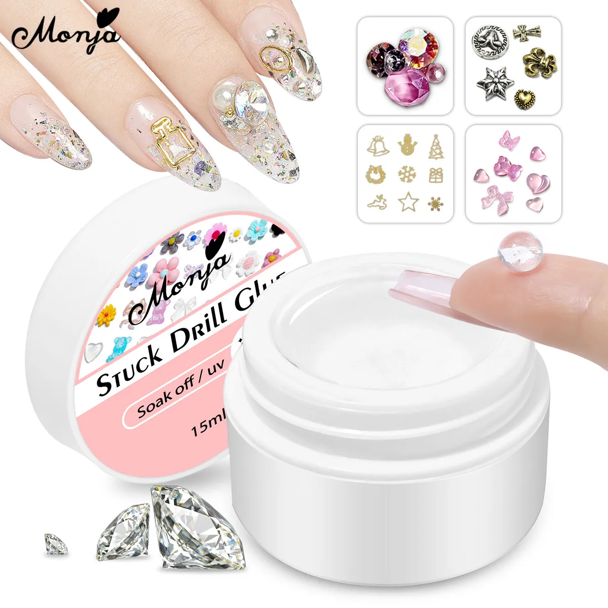 

Monja 15ml Nail Art Strong Stuck Drill Glue Decoration Clear Point Drill Gel Rhinestone Jewelry Adhesive Glue DIY Manicure Tools