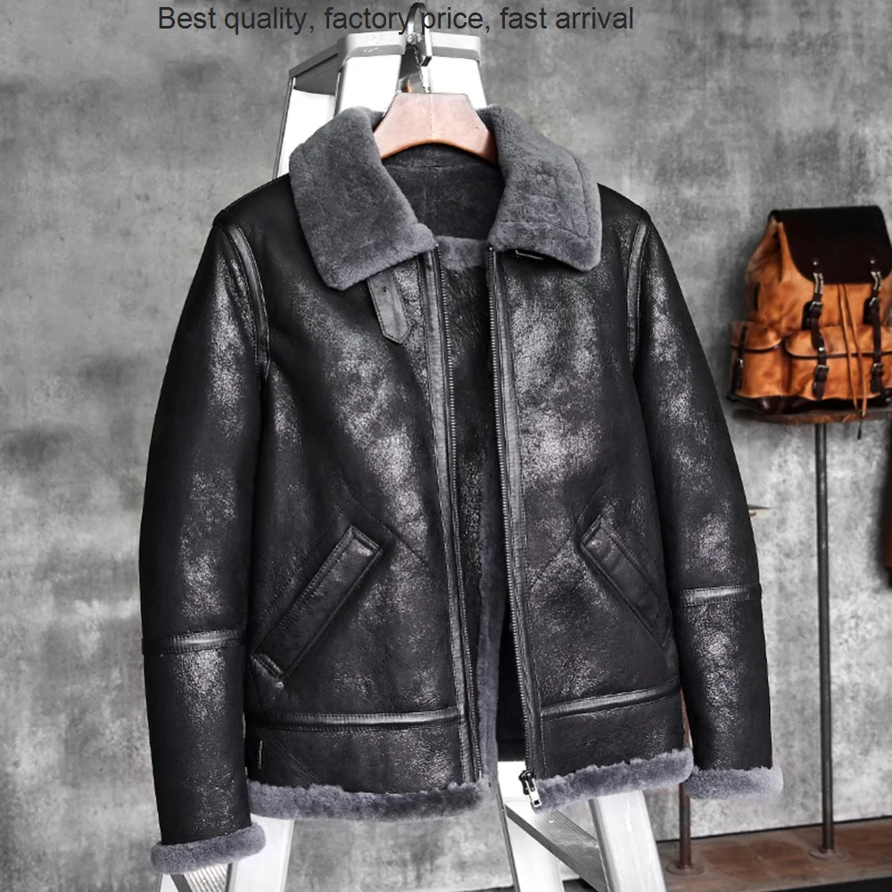 

High quality luxury brand Flying Shearling Skeepskin Leather Men's Fur Coat Aviation Leathercraft Pilots Winter Men Jacket