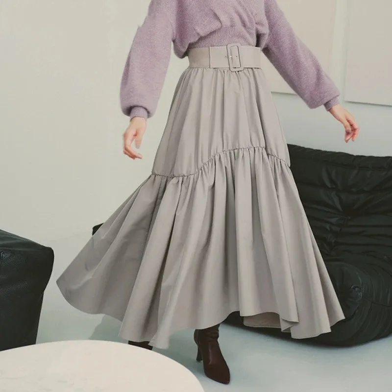 

2022 Autumn Spring Women Japanese New Design High Waist Sashes Pleated Mujer Faldas Swing Irregular Puffy Skirts