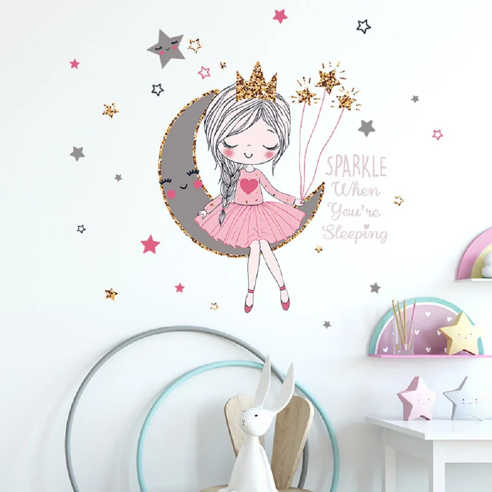 Princess On The Moon Wall Sticker Girls Room Bedroom Decor Wallpaper Living Room For Home Decoration Beautiful Cartoons Stickers