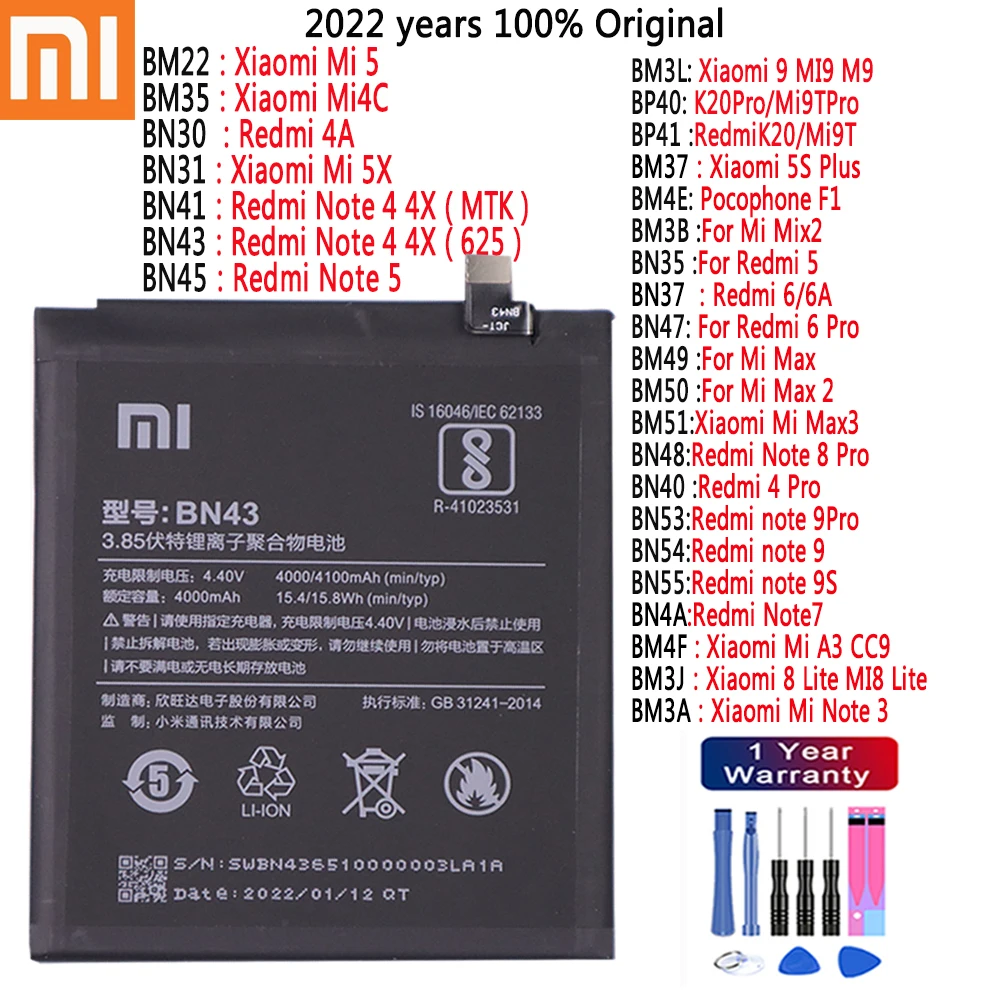 Новый оригинальный аккумулятор Xiaomi Redmi 5 6 Pro Max 2 3 Note 8 9s 9 Mi Lite Mi5 4C 5X 4X 4A MI9 5S Plus Mix |