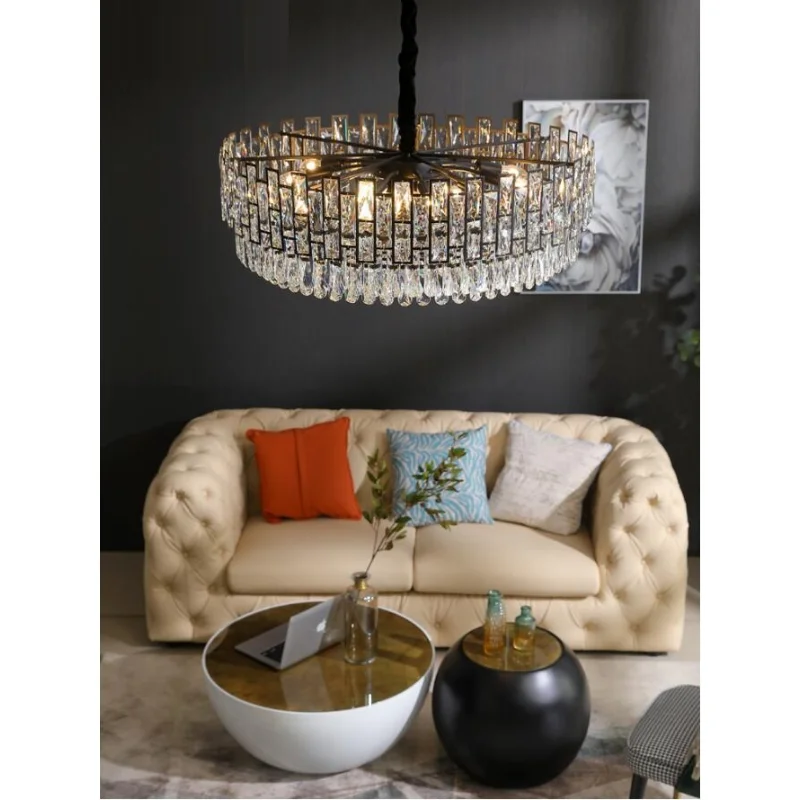 

Pendant Lapm Living Room Crystal LED Chandelier Modern Simple Round Black American Decorative