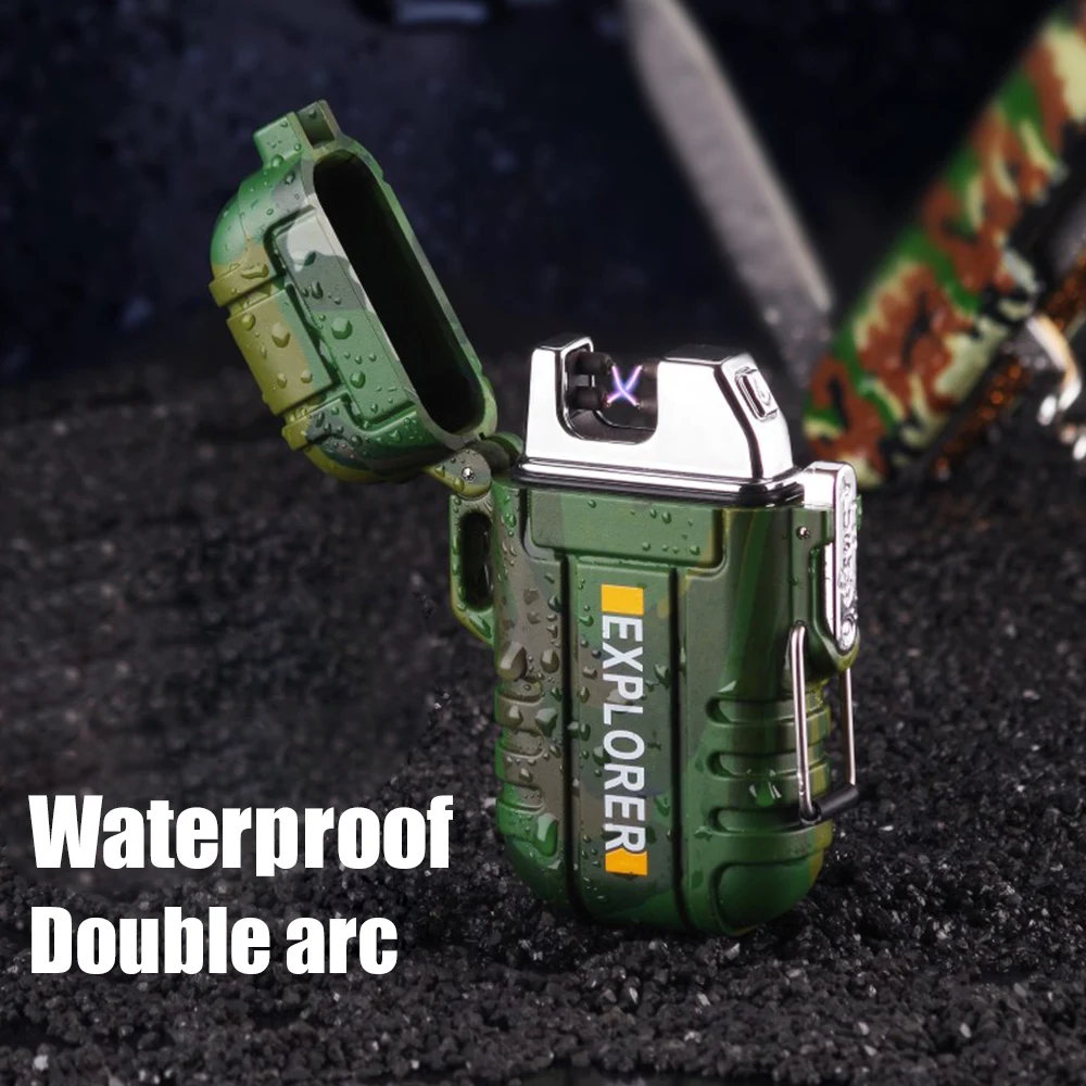 USB Waterproof Plasma Lighter Double Arc Outdoor Camping Sports Windproof Lighter Smoking Camping Gadget