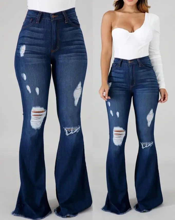 

Casual Denim Plain High Waist Cutout Raw Hem Button Long Flared Jeans Women 2022 New Fashion Female Clothing All-Match