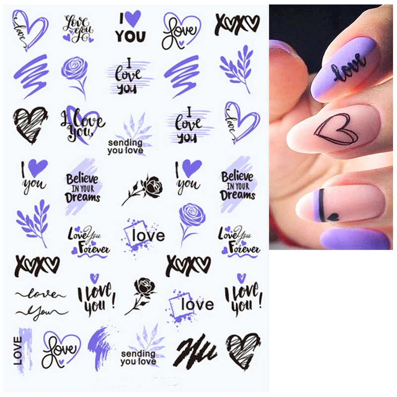 

Наклейки для ногтей на заднюю стенку, черные, фиолетовые наклейки с надписью Love, декоративные наклейки для дизайна ногтей, маникюра, красоты
