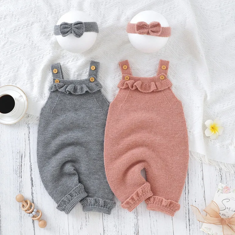 

knitted jumpsuit baby New Born Girl Sleeveless Romper Sweaters Fall Winter Outfit Set Solid Color Sling Headband Overalls