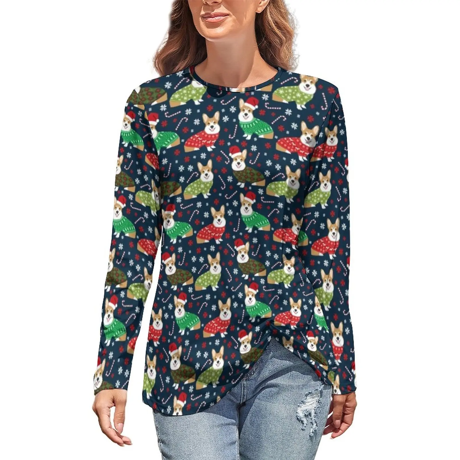 

Christmas T Shirt Corgi Long Sleeves Summer Chic Tee Shirt Woman Fashion Top Shirts