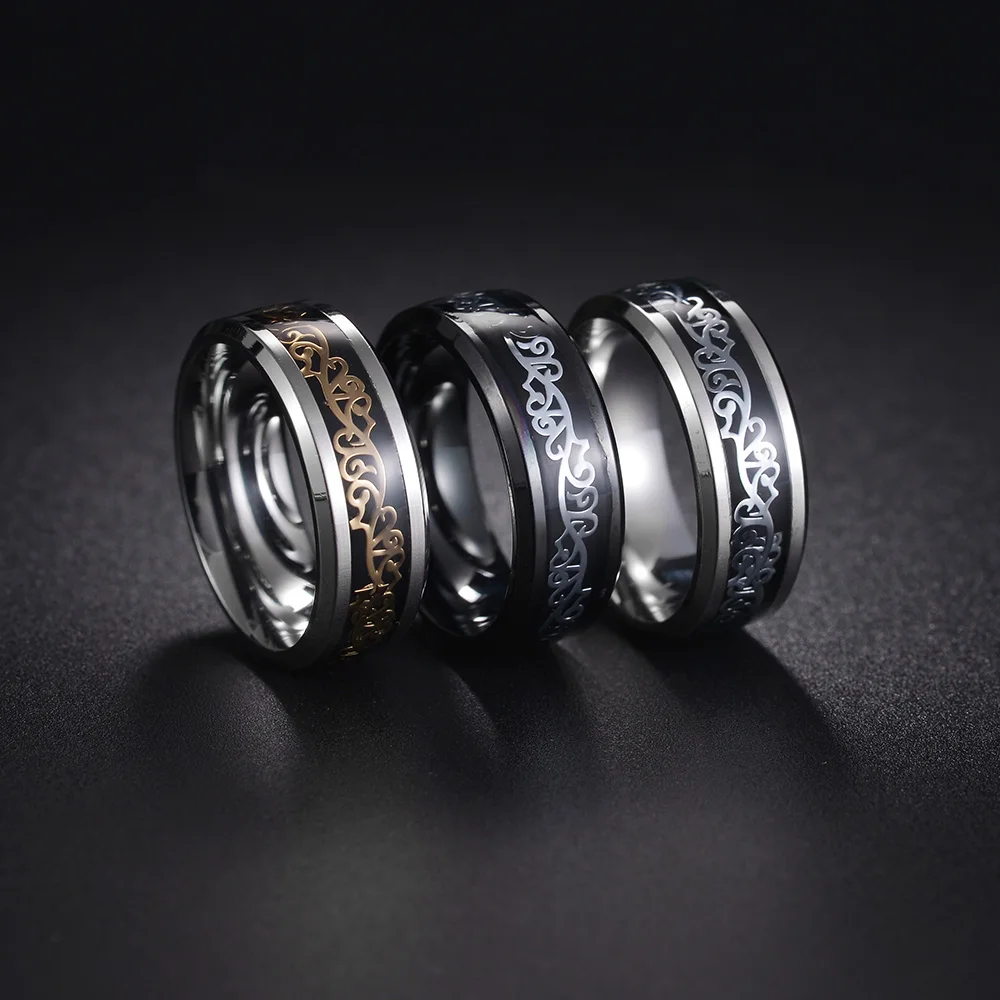 

Vintage Silver Color Beveled Edge Men Stainless Steel Ring Ruyi patter Ring Fashion Men's Wedding Engagement Jewelry Gift