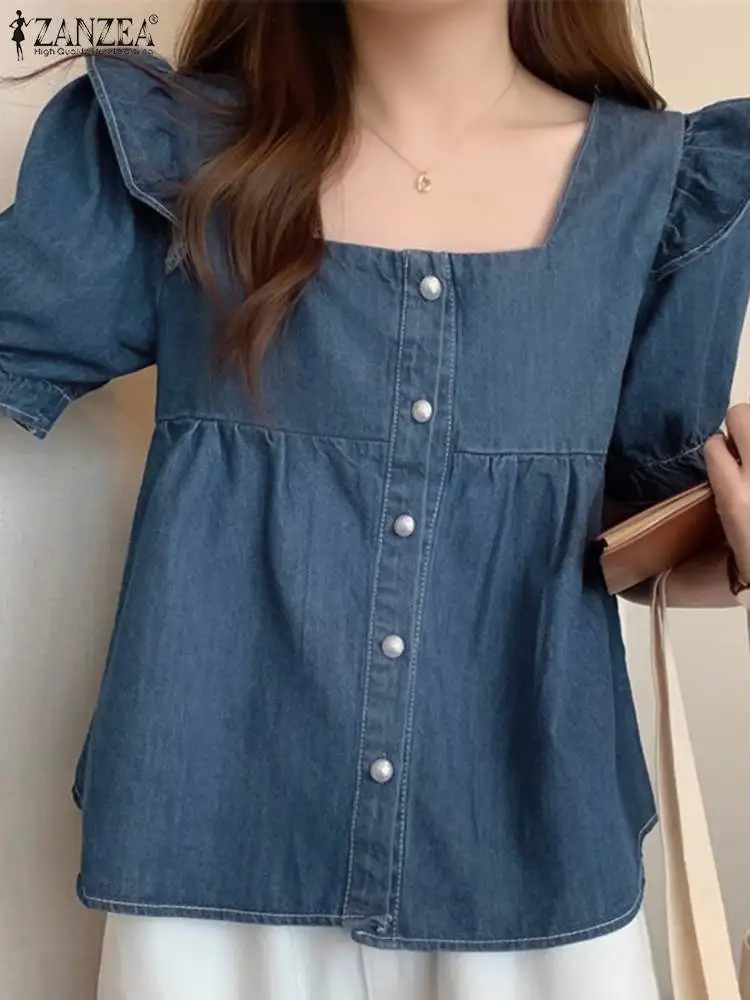 Блузка ZANZEA женская джинсовая с короткими рукавами винтажная укороченная