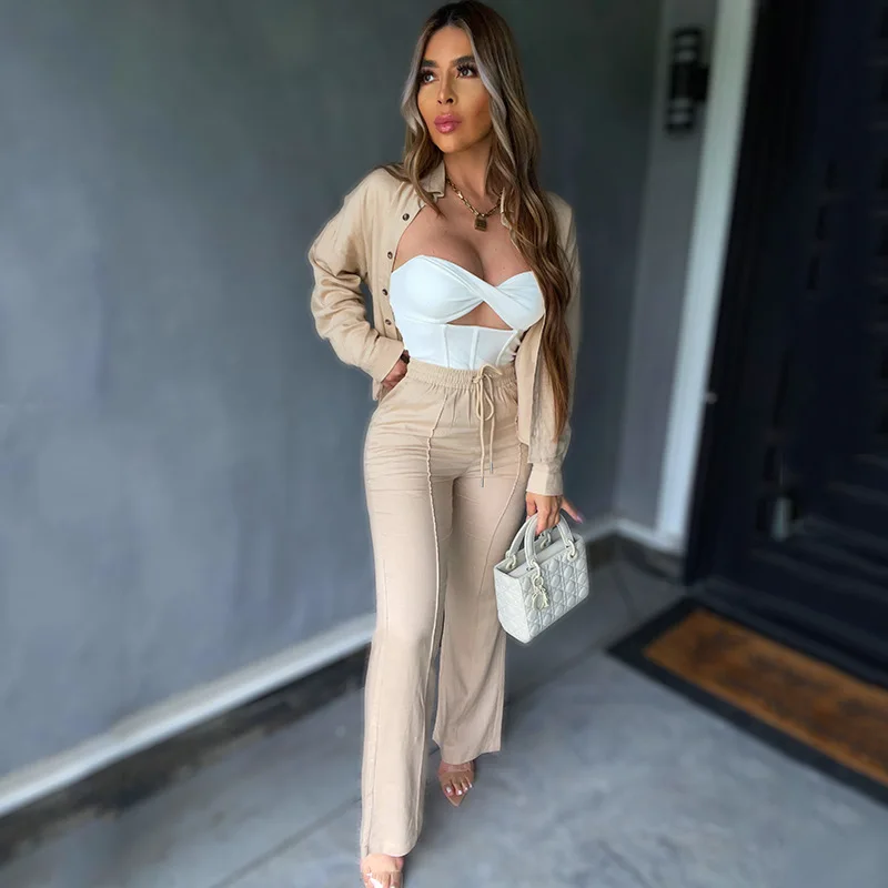 

European And American Foreign Trade Women's Clothing 2023 Autumn New Solid Color Lapel Long Sleeved Shirt Tie Up Wide Leg Pants