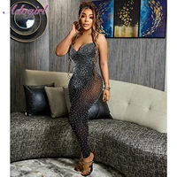 sexy diamonds sheer mesh night party club jumpsuit women summer spaghetti strapless backless outfit rompers one piece overalls