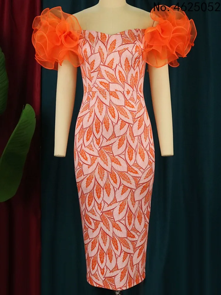 

Orange Printed Midi Dresses Women Cold Shoulder Sexy Bodycon Patchwork Even Dress Summer Gowns for Ladies Cocktail Event Outfits