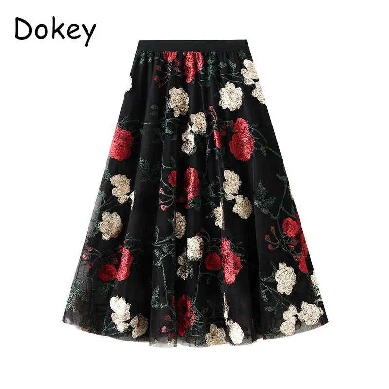 

Vintage Gothic Black Flower Embroidery Tulle Skirt Women Summer Elastic High Waist Pleated Long Skirt Elegant A-line Mujer Falda