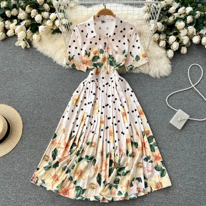 

WEIHAOBANG 2022 Summer Women's New Printed Lapel Short Sleeve Dress Medium Long High Waist Casual Loose Pleated Dress