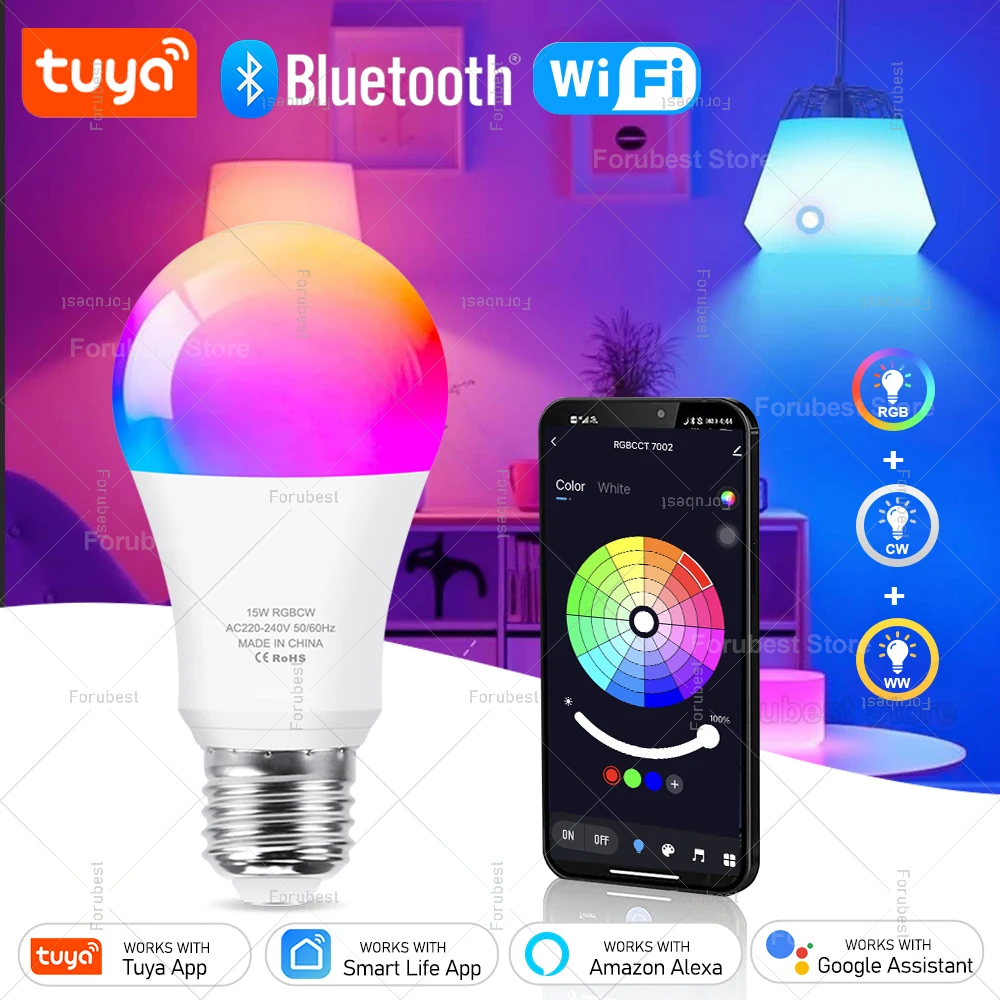 Фото Умная светодиодная лампа Tuya E27 RGB CW 15 Вт 20 Вт Wi-Fi Bluetooth Светодиодная лампа Домашний декор Освещение 220 В 110 В Для Alexa Amazon Google Voice №1