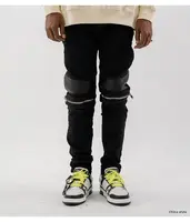 2022 New Design Streetwear Fashion Men's Jeans Black Zipper Leather Motorcycle Jeans For Men Hip Hop Casual Denim Pants