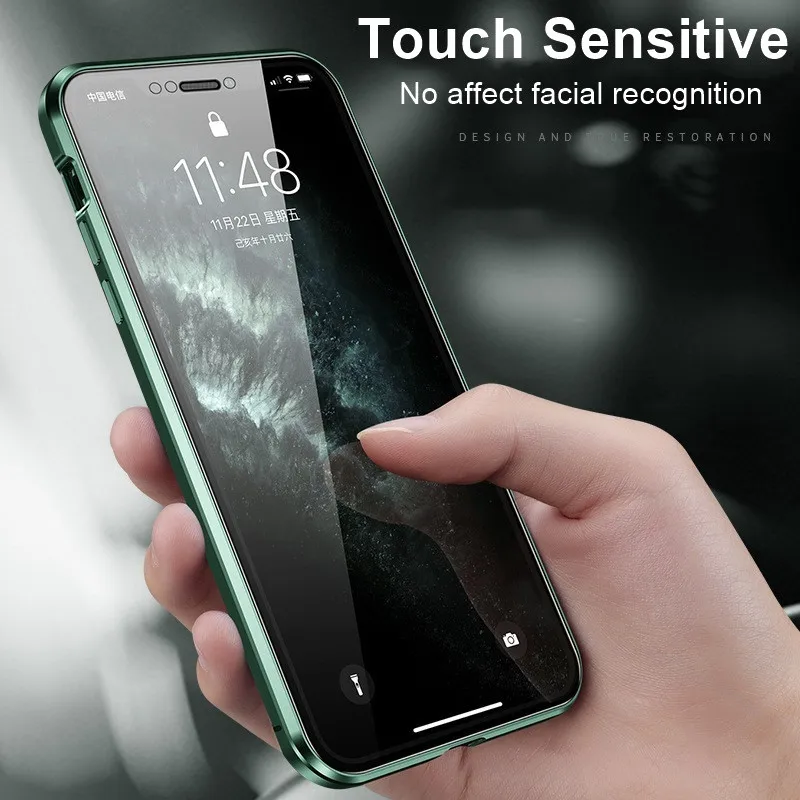 360 Magnetic Adsorption Metal Case For iPhone 14 11 12 13 Pro Max 12 13 Mini Double Sided Glass Cover Camera Lens Protector Film